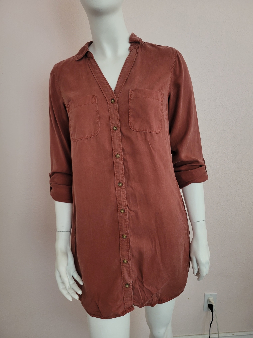 NWT Abercrombie & Fitch Lyocell Shirt Dress S Rust Orange Button Up Roll Tab